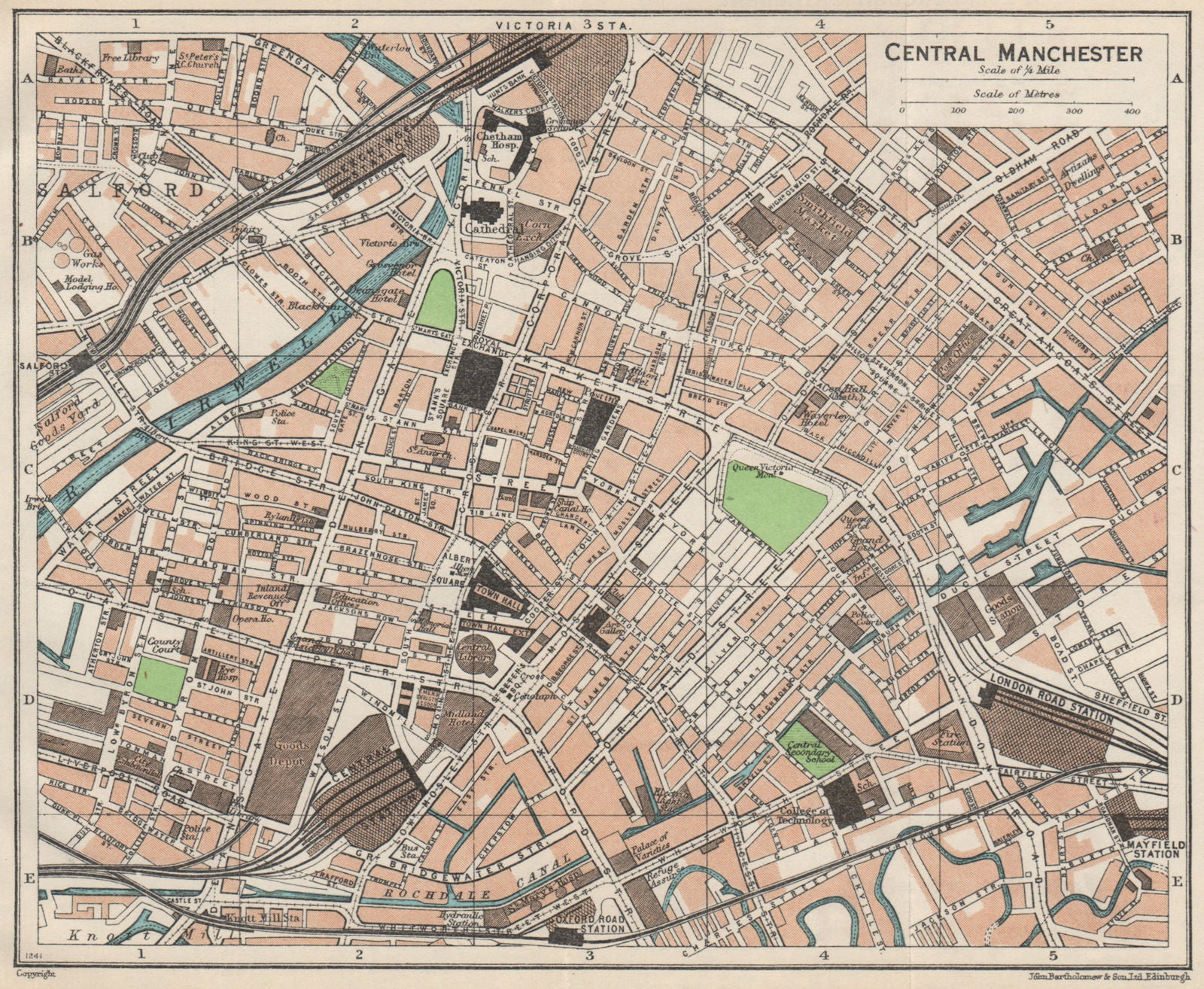 CENTRAL MANCHESTER. Vintage town city map plan. Lancashire 1957 old